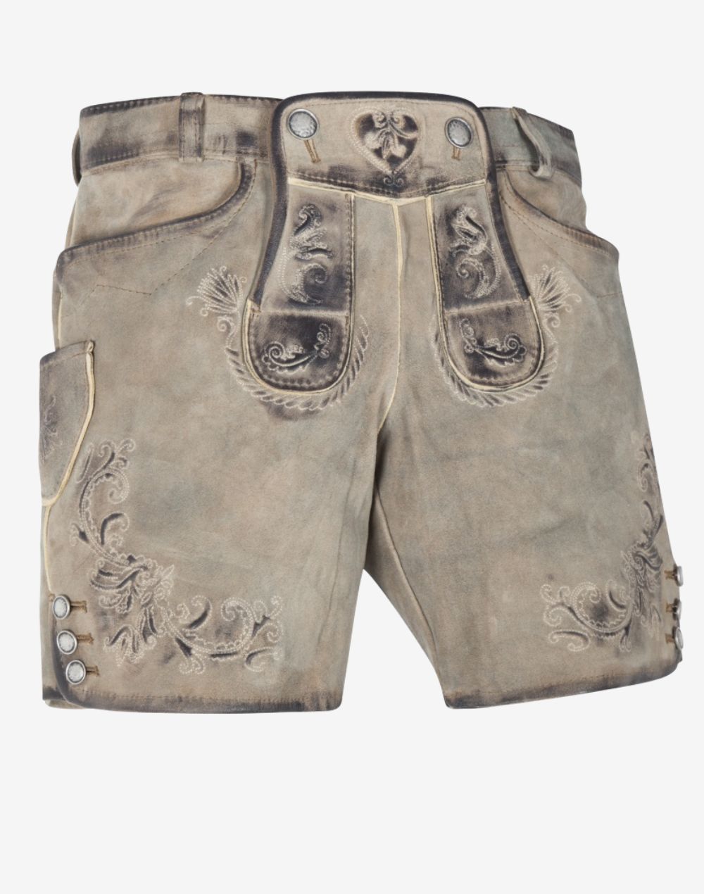 Front view of women’s light grey suede lederhosen shorts with traditional Bavarian embroidery, decorative front flap, side buttons, and vintage-style detailing.