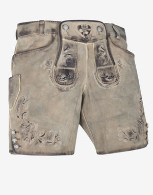 Front view of women’s light grey suede lederhosen shorts with traditional Bavarian embroidery, decorative front flap, side buttons, and vintage-style detailing.