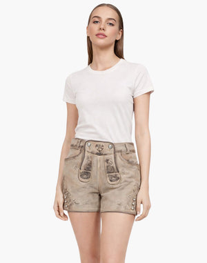 Woman wearing a white t-shirt and beige shorts on a white background