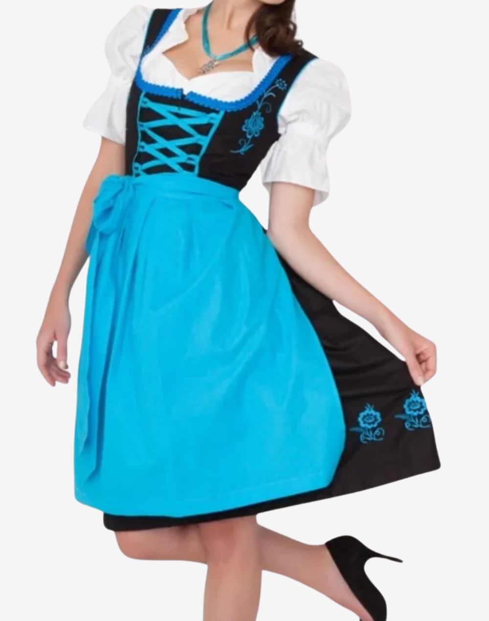 womens heritage style dirndl featuring black bodice, green apron and authentic Bavarian heritage design