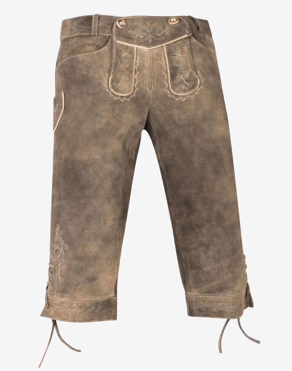 Front view of womens taupe-brown leather bundhosen featuring traditional Bavarian embroidery, buttoned front flap, knee-length design, and adjustable lace ties at the leg openings.