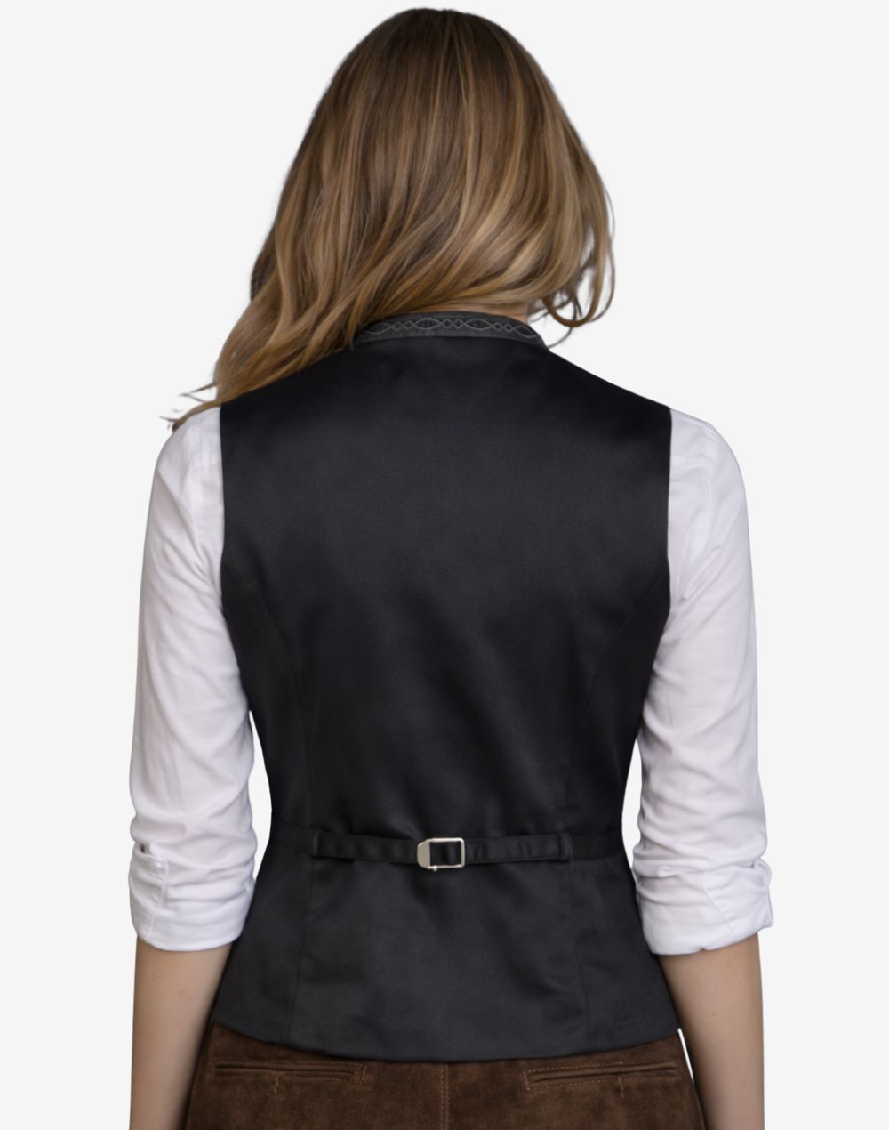 Rear view of womens Oktoberfest trachten waistcoat showing adjustable back belt, smooth lining and tailored traditional Bavarian fit