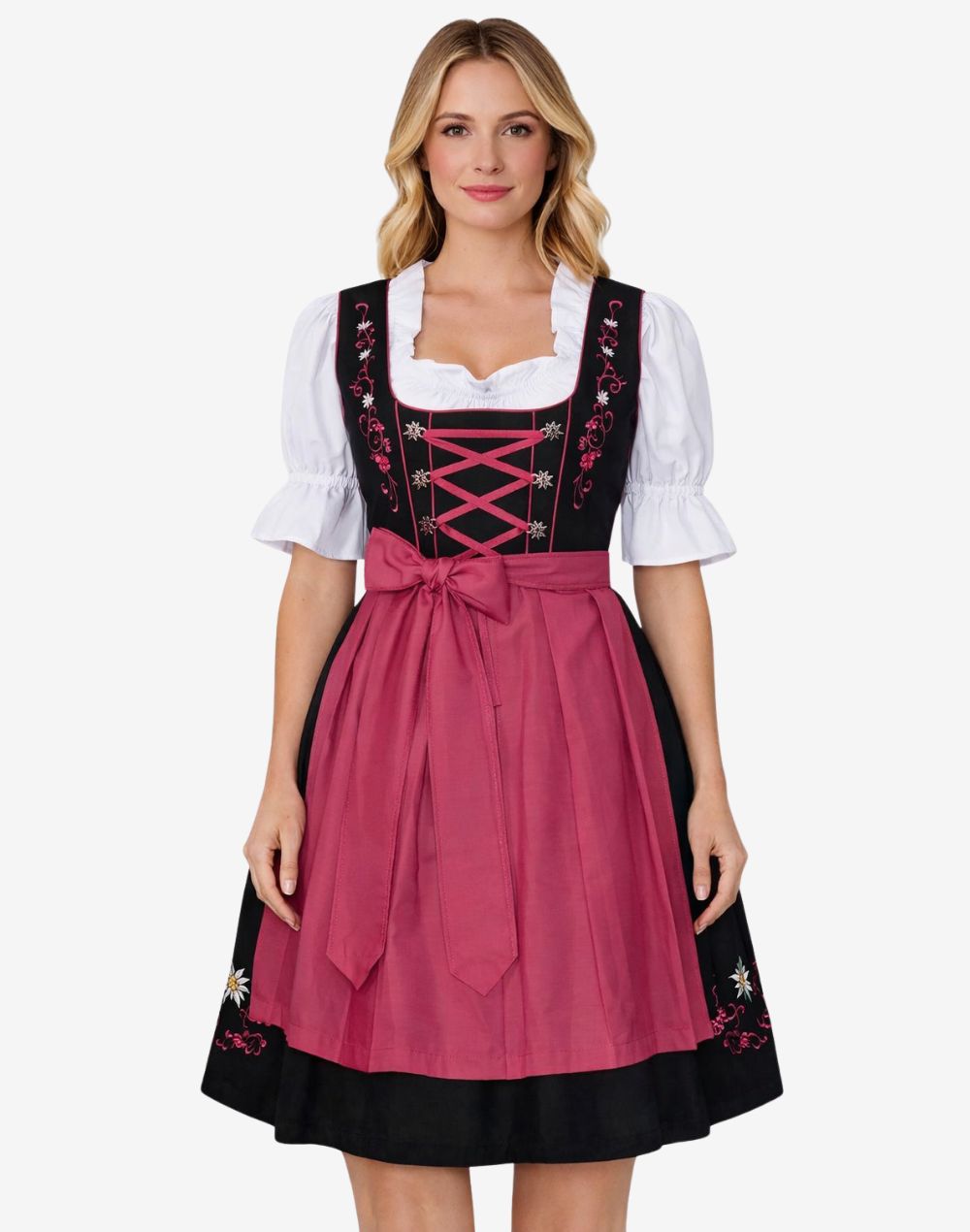 Black Cotton Blend Bavarian Dirndl Dress with Rose Apron