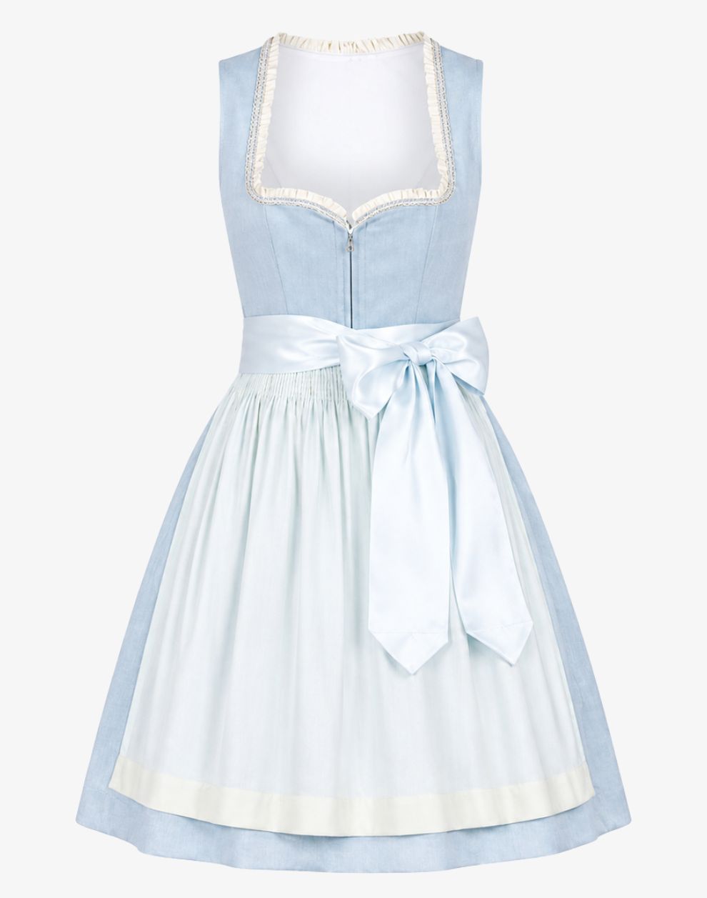 Women's Traditional Blue Dirndl Dress front product view with a light blue bodice, white apron, front zipper closure, lace-trimmed neckline, and classic Bavarian design.