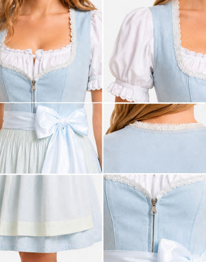 A six-panel close-up collage showing details of a light blue and white dress, including the front bust with lace trim and zipper, short puff sleeves, a large waist bow, the back neckline, and the back zipper closure.