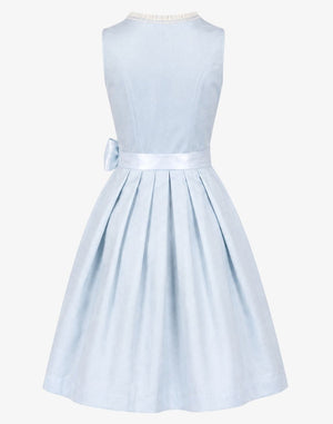 Women's Traditional Blue Dirndl Dress back view featuring a tailored light blue bodice, pleated knee-length skirt, clean back design, and matching waist sash.