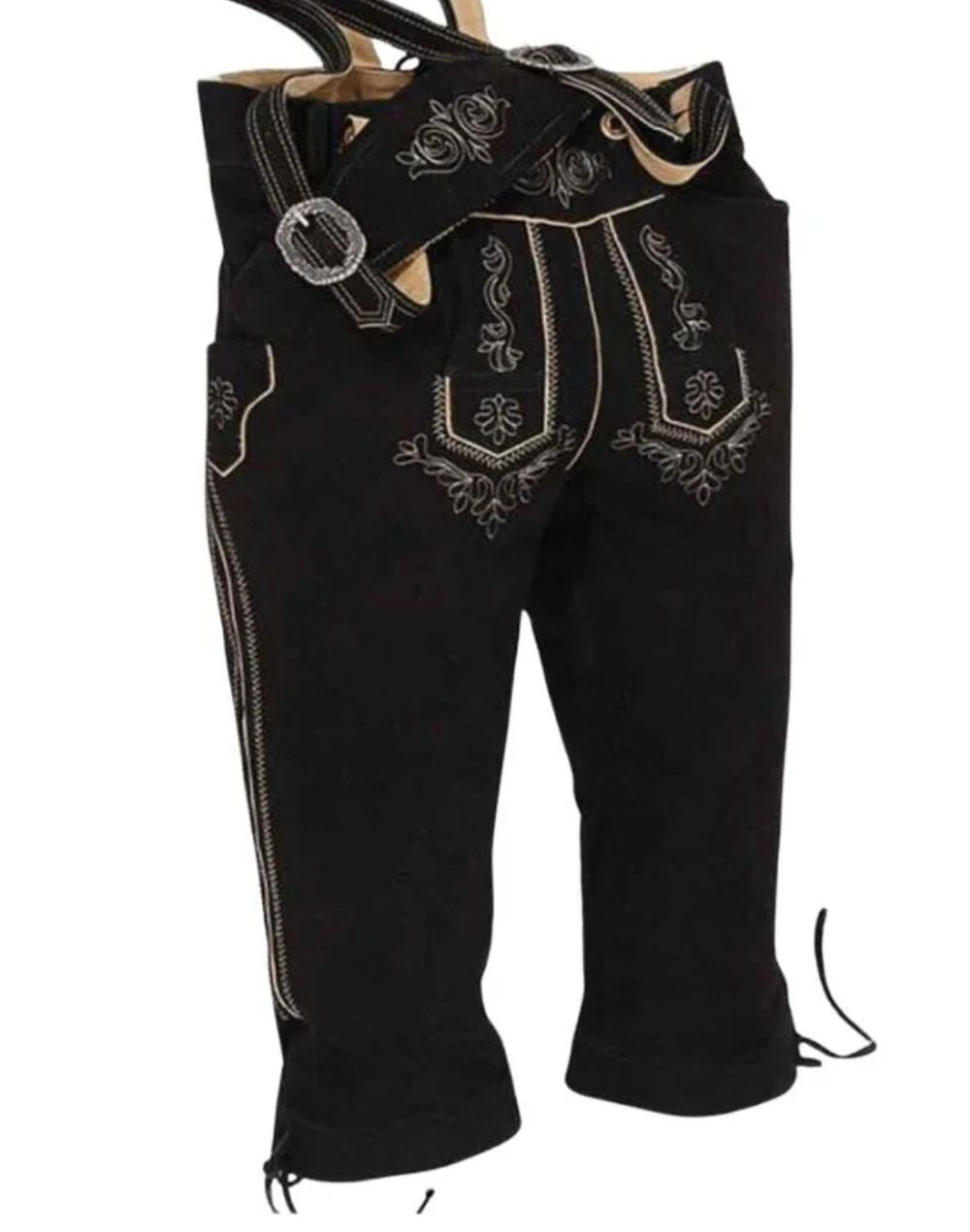 authentic alpine bundhosen for men featuring dark leather finish, traditional embroidery and classic knee-length Bavarian design