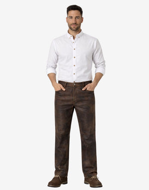 Man wearing a white shirt and brown pants on a white background