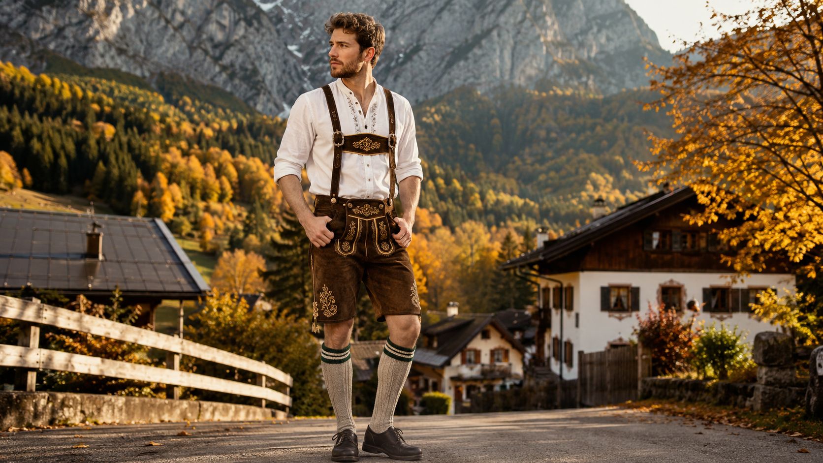 Authentic Bavarian man wearing traditional lederhosen in an Alpine village during autumn
