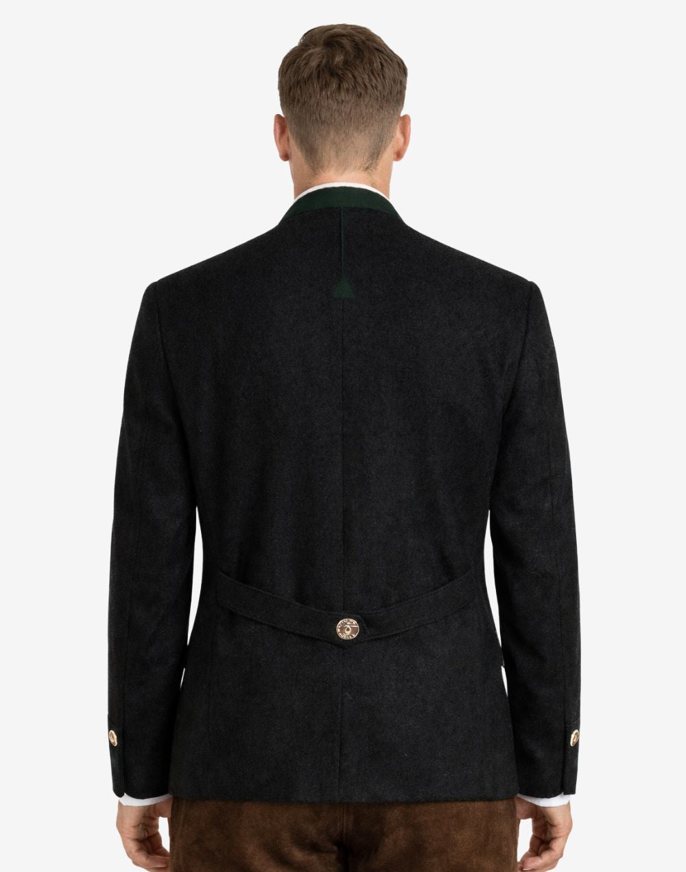 Back view of alpine black wool men’s Trachten jacket featuring tailored fit, classic structure, and adjustable back strap in traditional German style.