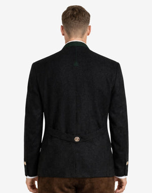 Back view of alpine black wool men’s Trachten jacket featuring tailored fit, classic structure, and adjustable back strap in traditional German style.