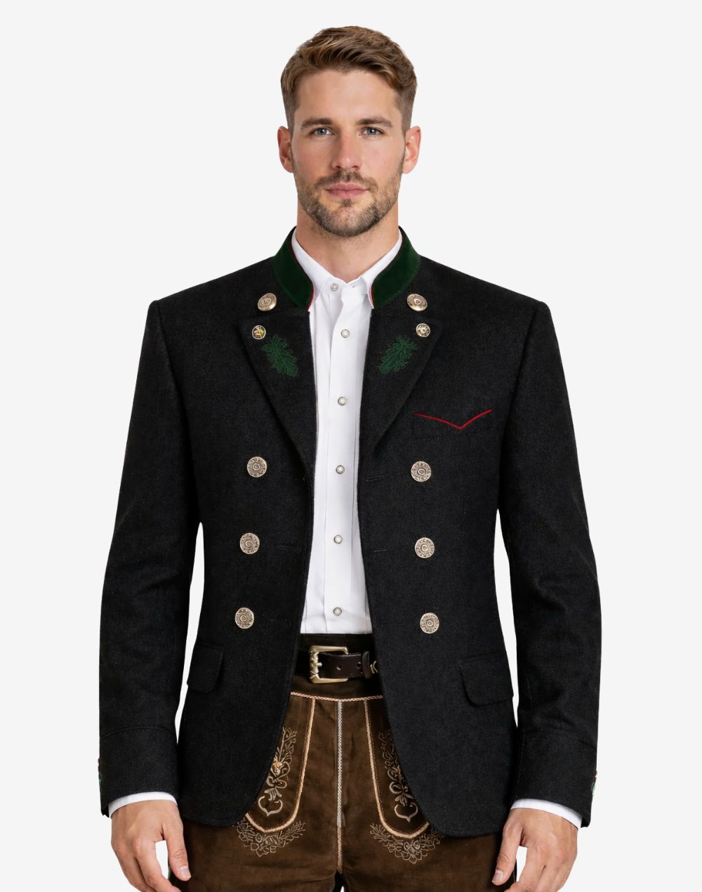 Model wearing alpine black wool men’s Trachten jacket with green collar accents, decorative buttons, and traditional Bavarian design paired with lederhosen.