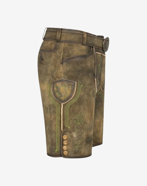 Men Alpine Charm Lederhosen side view showing shield style side pocket, green stitched motifs, and buttoned cuff detail