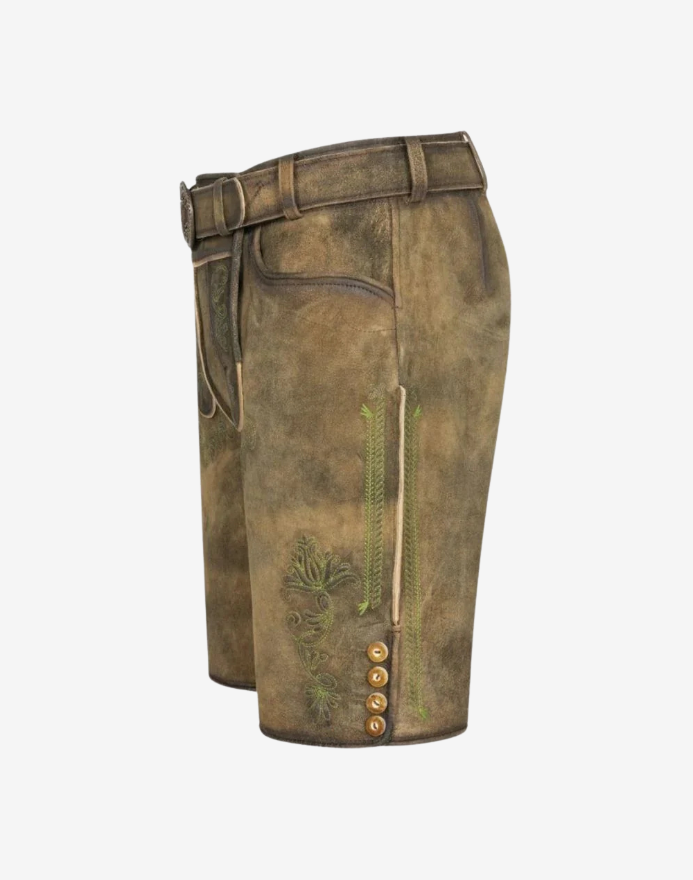 Lederhosen Men Alpine Charm side profile highlighting suede texture, contrast piping, and embroidered accents down the leg