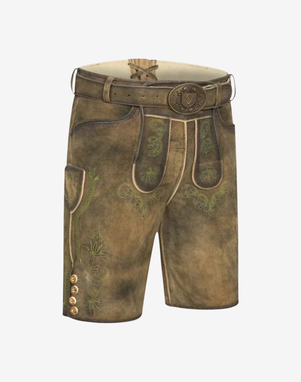 Angled front view with ornate buckle belt and classic bib embroidery, featuring Alpine Charm Lederhosen for Men in olive tan suede