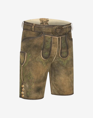 Angled front view with ornate buckle belt and classic bib embroidery, featuring Alpine Charm Lederhosen for Men in olive tan suede