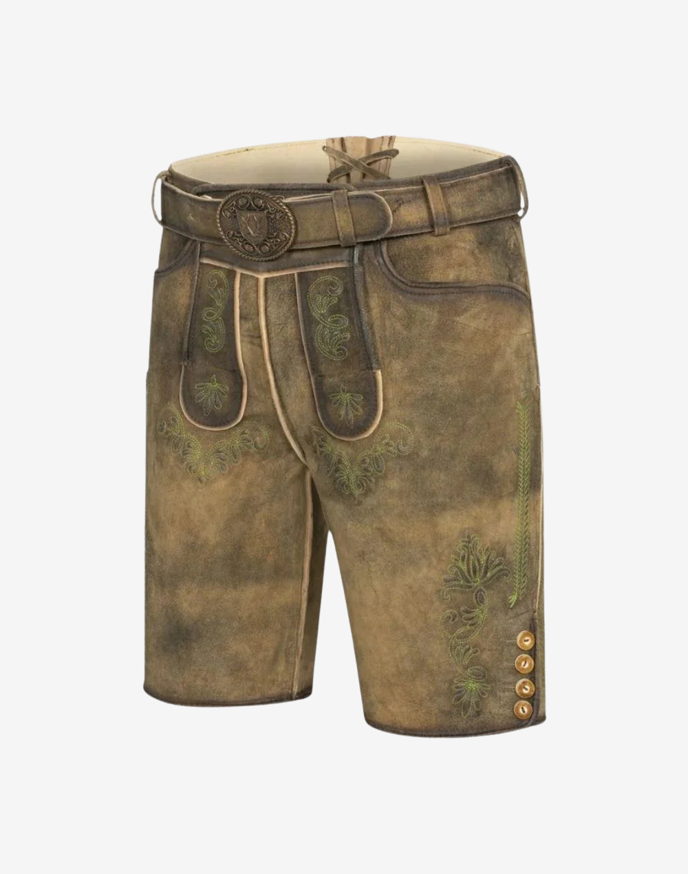 Three quarter view showing the traditional Trachten cut and green embroidery placement on Alpine Charm Lederhosen for Men