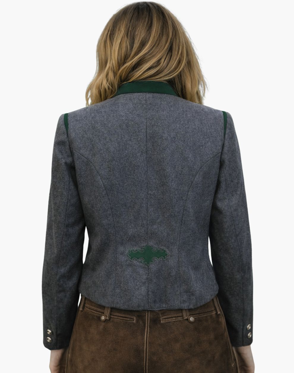 Back view of a women’s grey Trachten jacket with green trim and decorative detail, worn with traditional brown lederhosen, Oktoberfest Bavarian style.