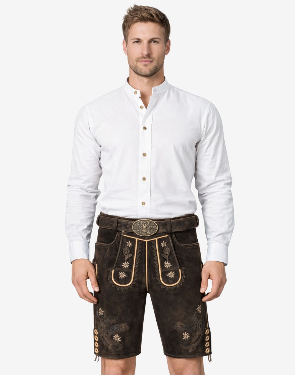 Model wearing Alpine flower lederhosen for men in brown leather with traditional Bavarian floral embroidery