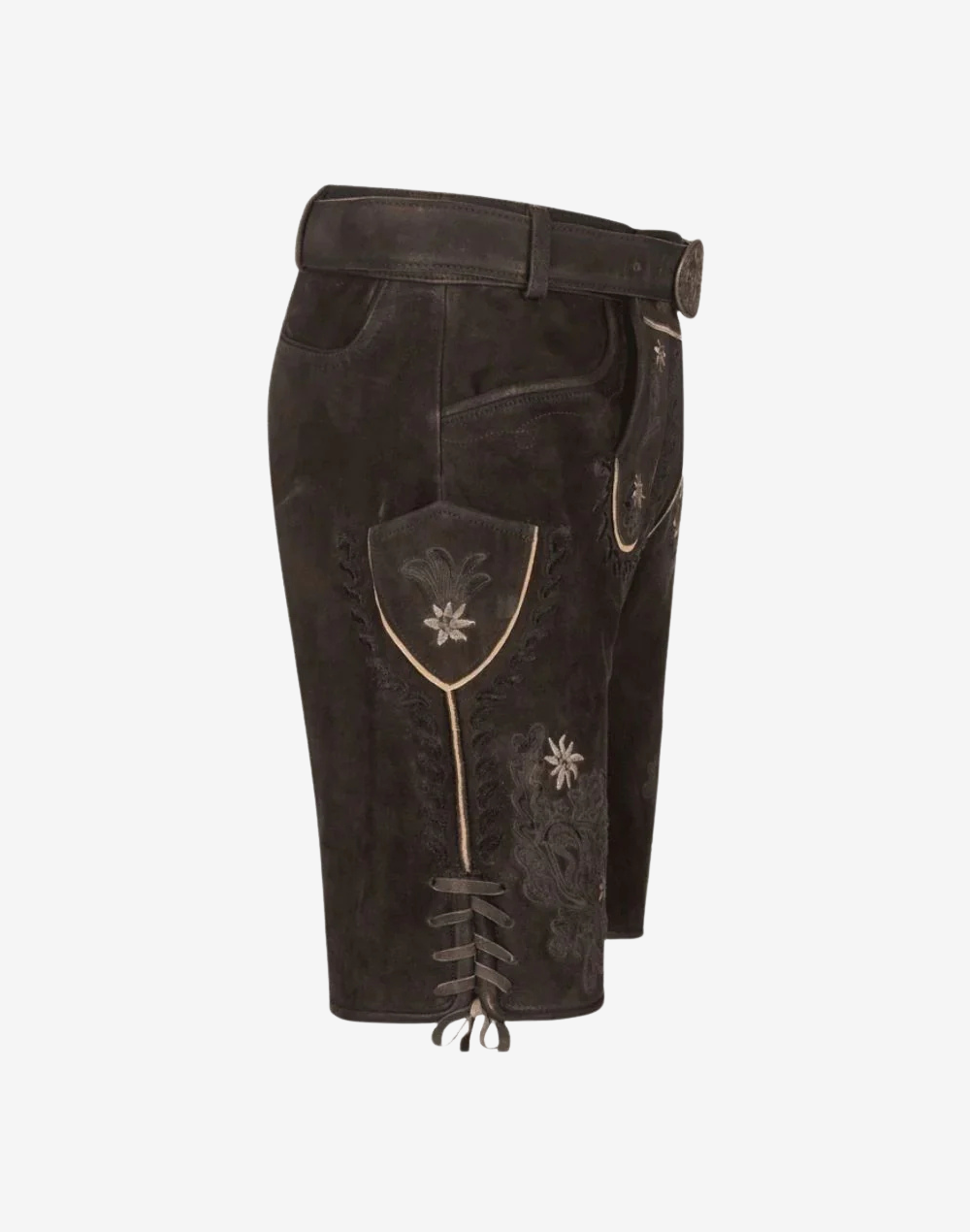 Alpine Flower Lederhosen for Men side view showing stitched pocket panel, floral embroidery, and lace-up leg hem ties