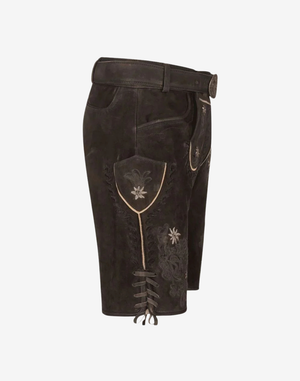 Alpine Flower Lederhosen for Men side view showing stitched pocket panel, floral embroidery, and lace-up leg hem ties
