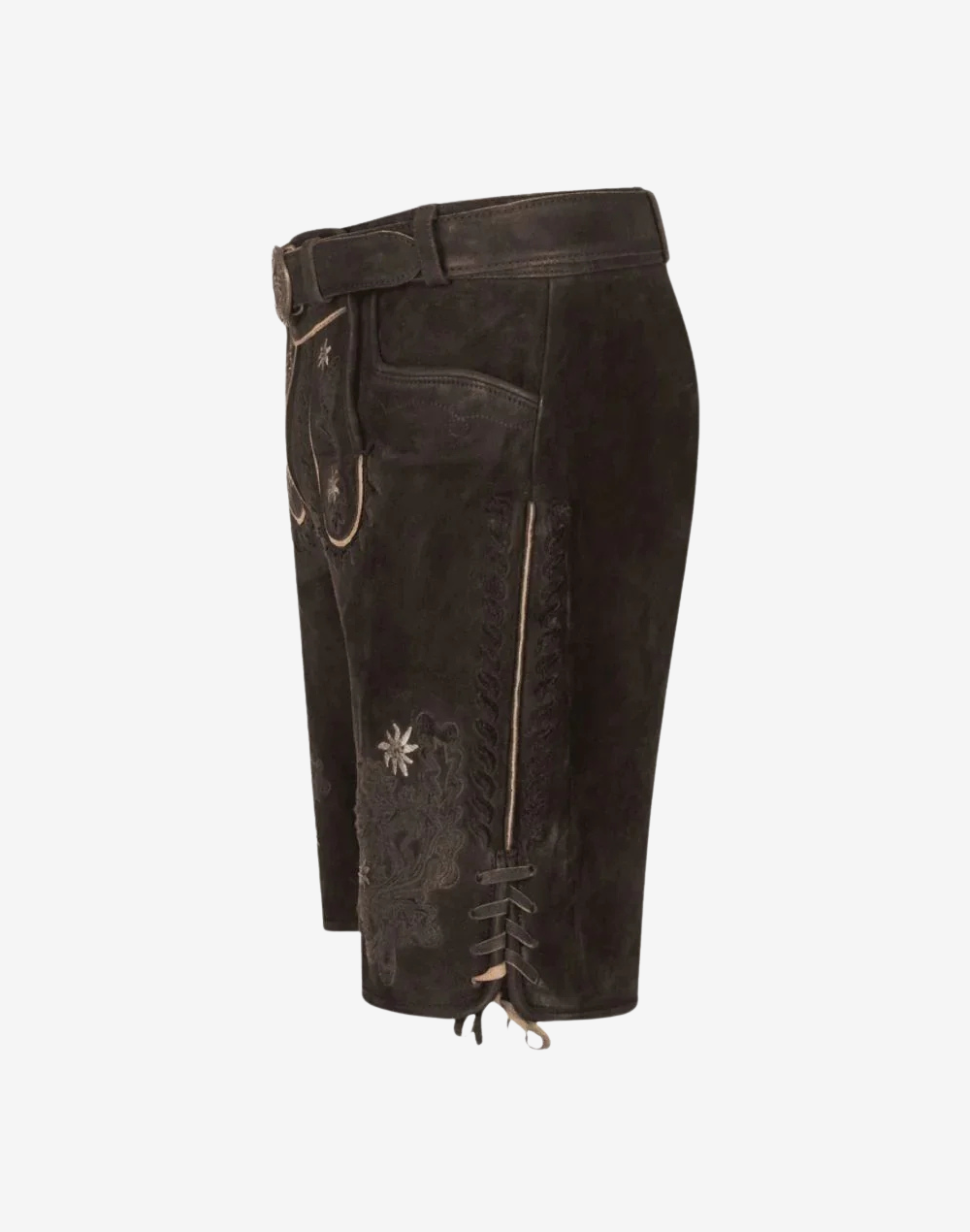 Alpine Flower Lederhosen for Men side profile highlighting suede texture, contrast piping, and lace-up cuff detail