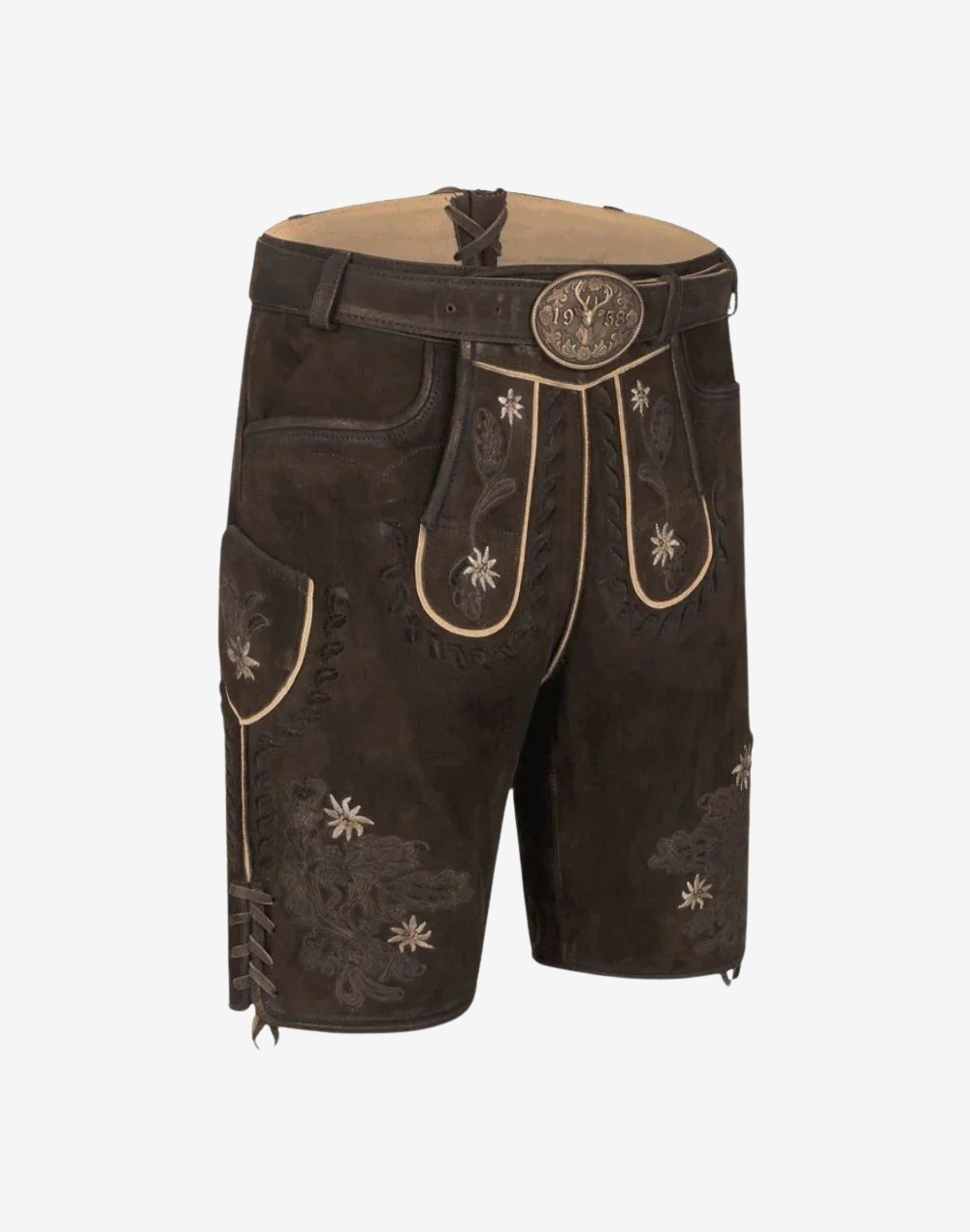 Alpine Flower Lederhosen for Men angled front view with embroidered bib panels, floral motifs, and decorative belt buckle
