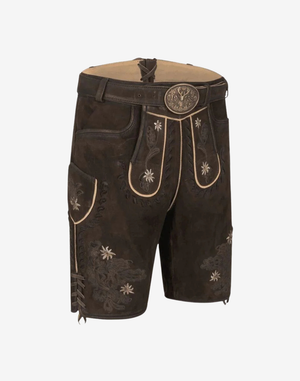 Alpine Flower Lederhosen for Men angled front view with embroidered bib panels, floral motifs, and decorative belt buckle