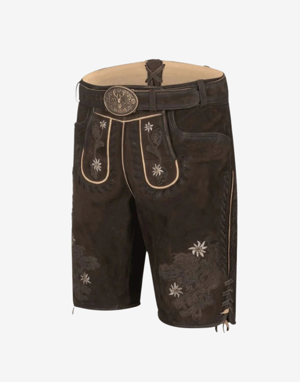 Alpine Flower Lederhosen for Men three-quarter front view showing classic Trachten fit, embroidered legs, and bib detailing