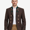 Front view of Alpine heritage brown wool jacket for men featuring traditional Bavarian Trachten design, green contrast collar, decorative horn buttons, tailored fit, and classic Oktoberfest outfit styling with lederhosen.