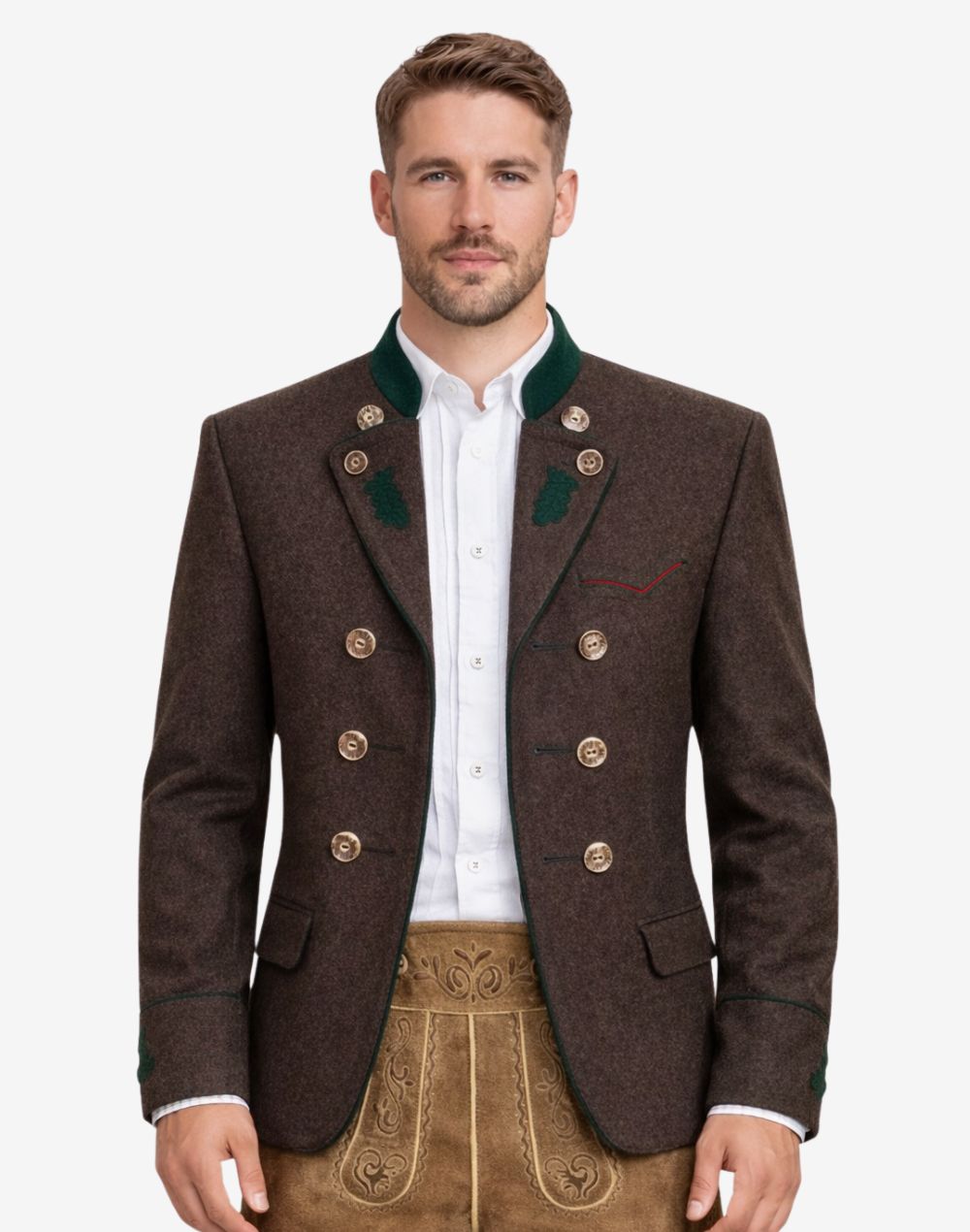 Front view of Alpine heritage brown wool jacket for men featuring traditional Bavarian Trachten design, green contrast collar, decorative horn buttons, tailored fit, and classic Oktoberfest outfit styling with lederhosen.