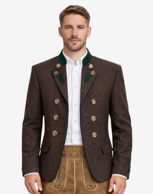 Front view of Alpine heritage brown wool jacket for men featuring traditional Bavarian Trachten design, green contrast collar, decorative horn buttons, tailored fit, and classic Oktoberfest outfit styling with lederhosen.