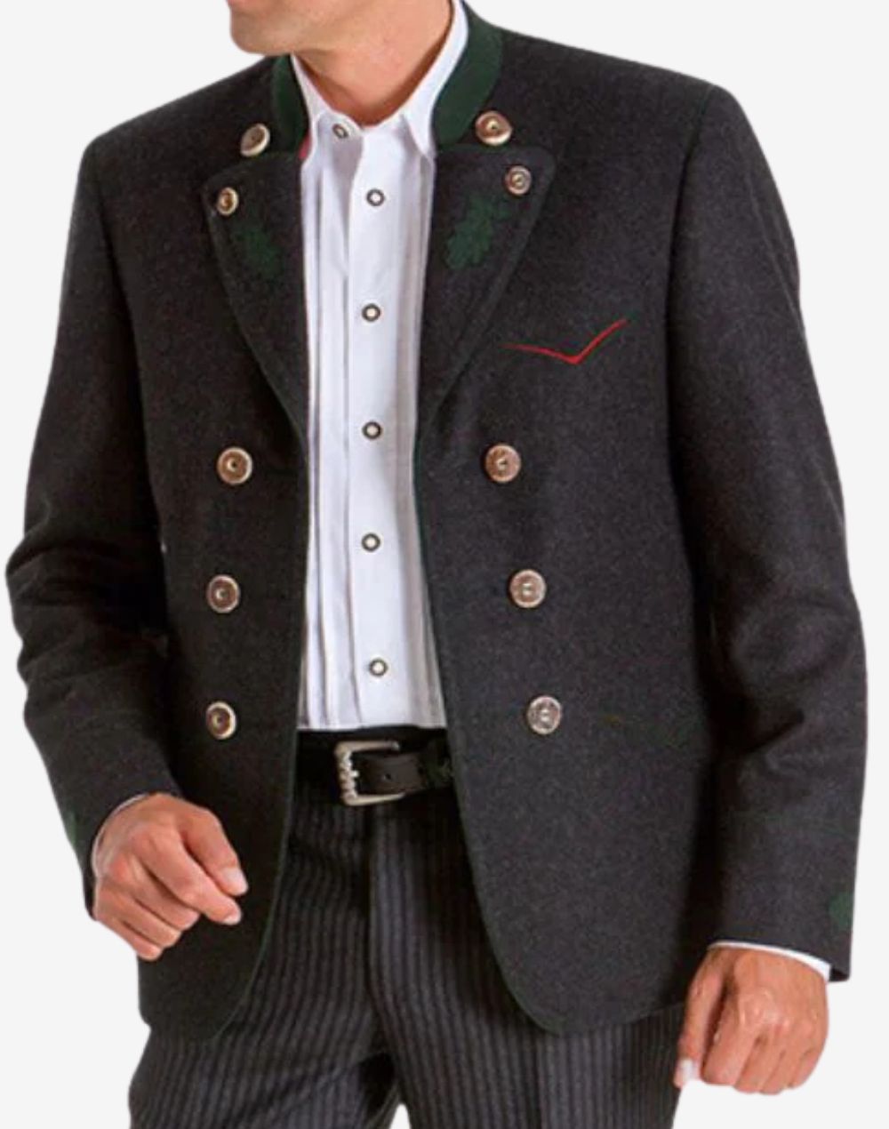 Angled front view of charcoal Bavarian wool jacket for men highlighting textured fabric, green trim collar, decorative buttons, and elegant Trachten styling for Oktoberfest and traditional wear.