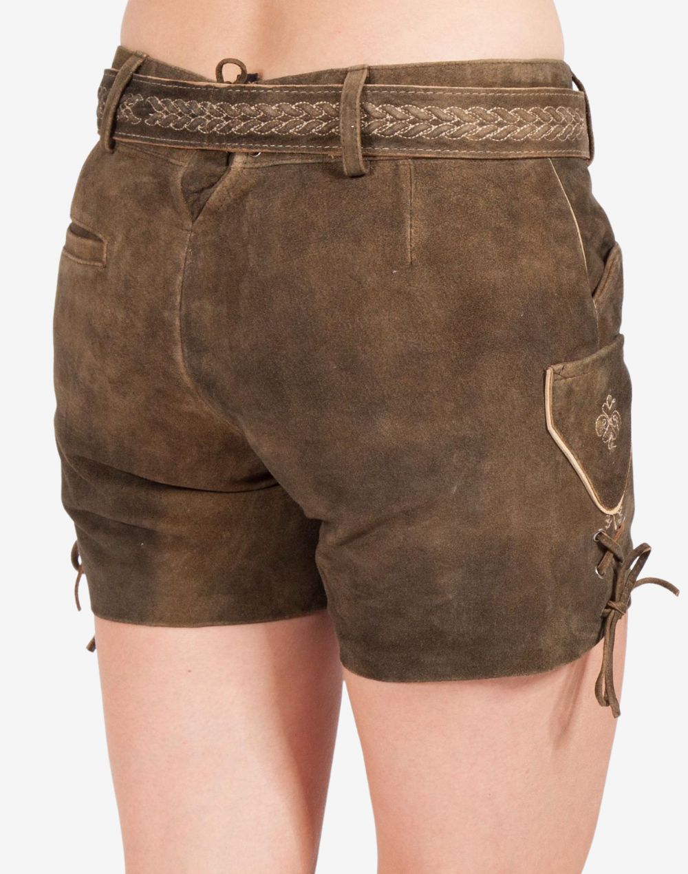 Back view of women’s brown suede lederhosen shorts featuring a braided waistband detail, side pocket with embroidery, and lace-up side accents in traditional Bavarian style.