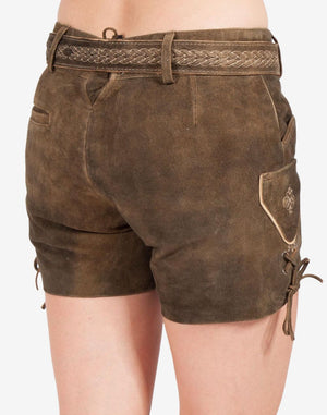 Back view of women’s brown suede lederhosen shorts featuring a braided waistband detail, side pocket with embroidery, and lace-up side accents in traditional Bavarian style.