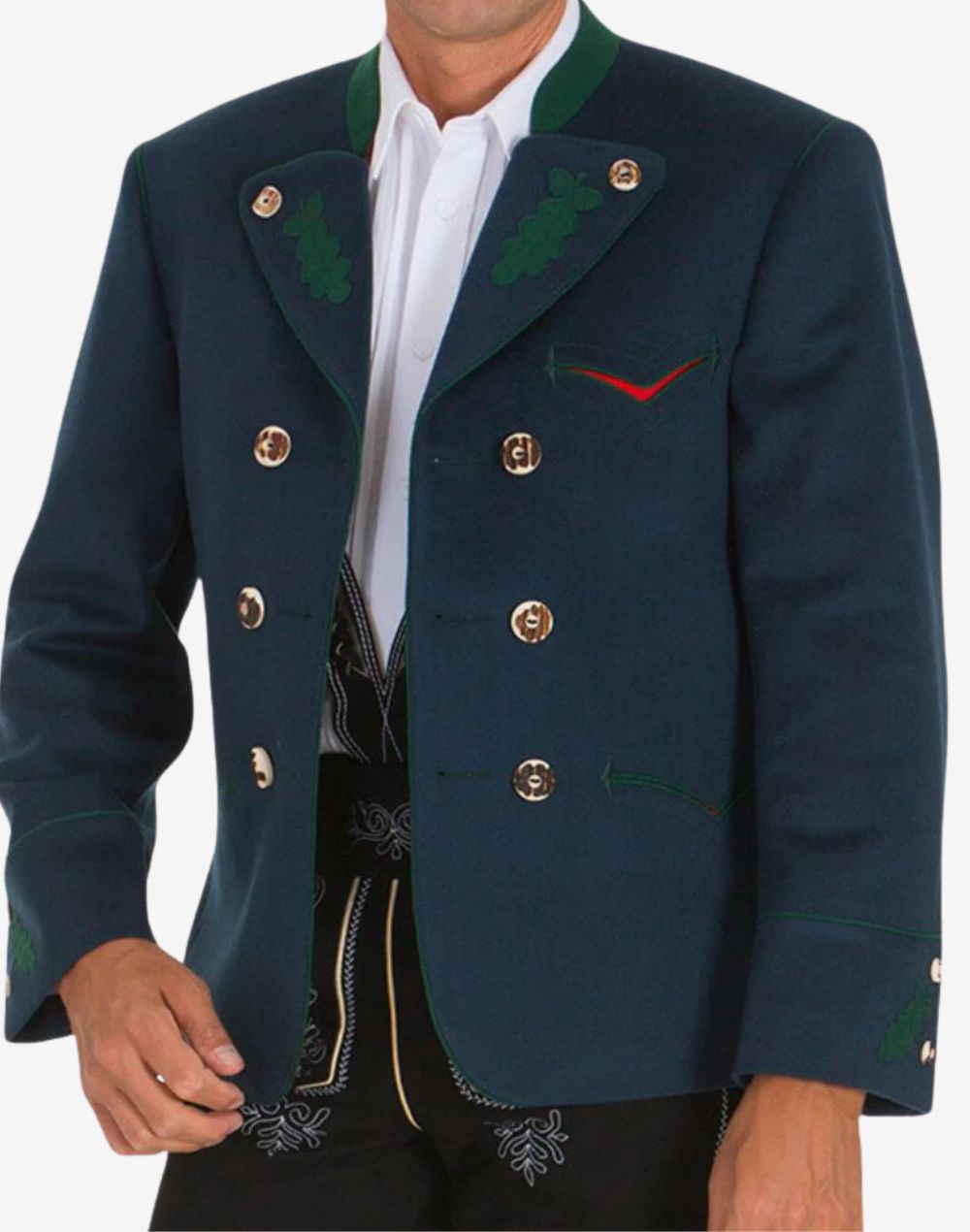 Angled view of men’s blue Bavarian wool jacket highlighting textured fabric, green trim collar, ornate buttons, and authentic Trachten style perfect for Oktoberfest and cultural events.