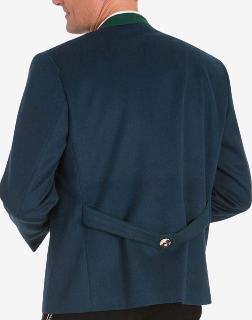 Back view of Alpine heritage blue wool jacket for men showing clean tailored silhouette, adjustable back strap detail, premium craftsmanship, and traditional German Trachten design.