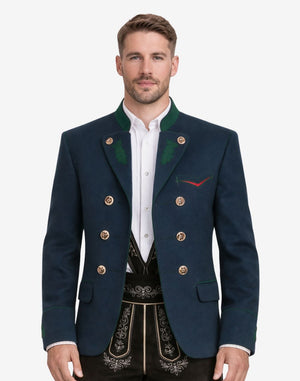 Front view of Alpine heritage men’s blue wool jacket featuring traditional Bavarian Trachten design, green collar accents, decorative metal buttons, tailored fit, and classic Oktoberfest styling with lederhosen.