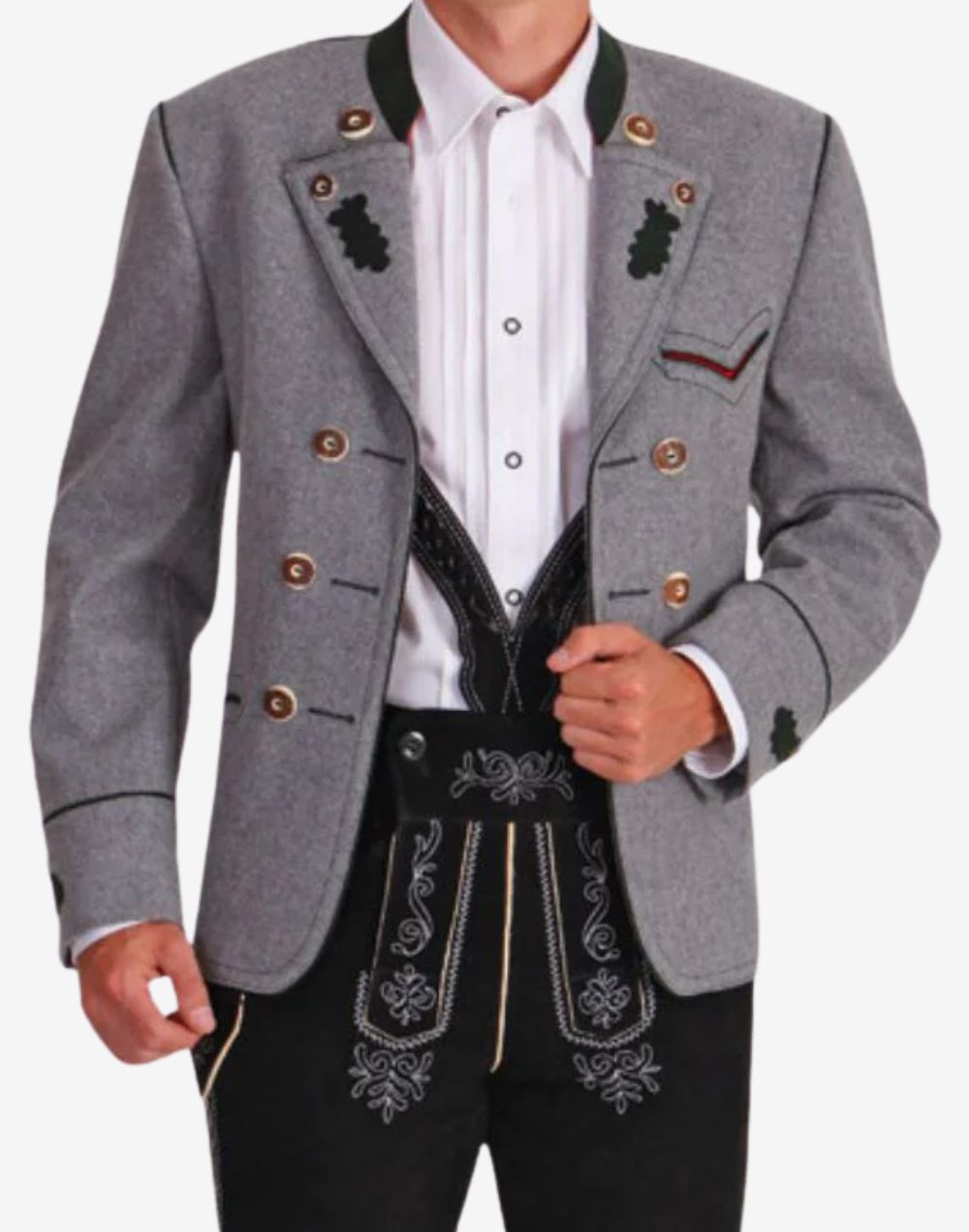 Angled view of men’s grey Bavarian wool jacket showcasing textured fabric, green trim collar, double-breasted decorative buttons, and authentic Trachten styling for Oktoberfest wear.