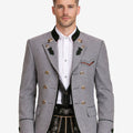 Front view of Alpine heritage men’s grey wool jacket featuring traditional Bavarian Trachten design, green velvet collar, decorative horn-style buttons, tailored fit, and classic Oktoberfest outfit styling.