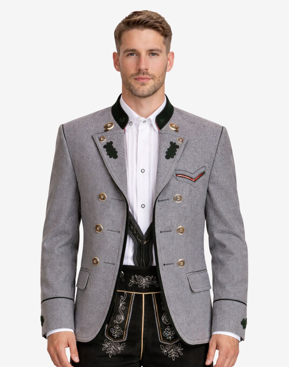 Front view of Alpine heritage men’s grey wool jacket featuring traditional Bavarian Trachten design, green velvet collar, decorative horn-style buttons, tailored fit, and classic Oktoberfest outfit styling.