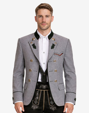 Front view of Alpine heritage men’s grey wool jacket featuring traditional Bavarian Trachten design, green velvet collar, decorative horn-style buttons, tailored fit, and classic Oktoberfest outfit styling.