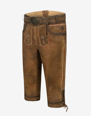 Close front view showing embroidered bib panel, belt detail and authentic alpine leather texture on bundhosen.