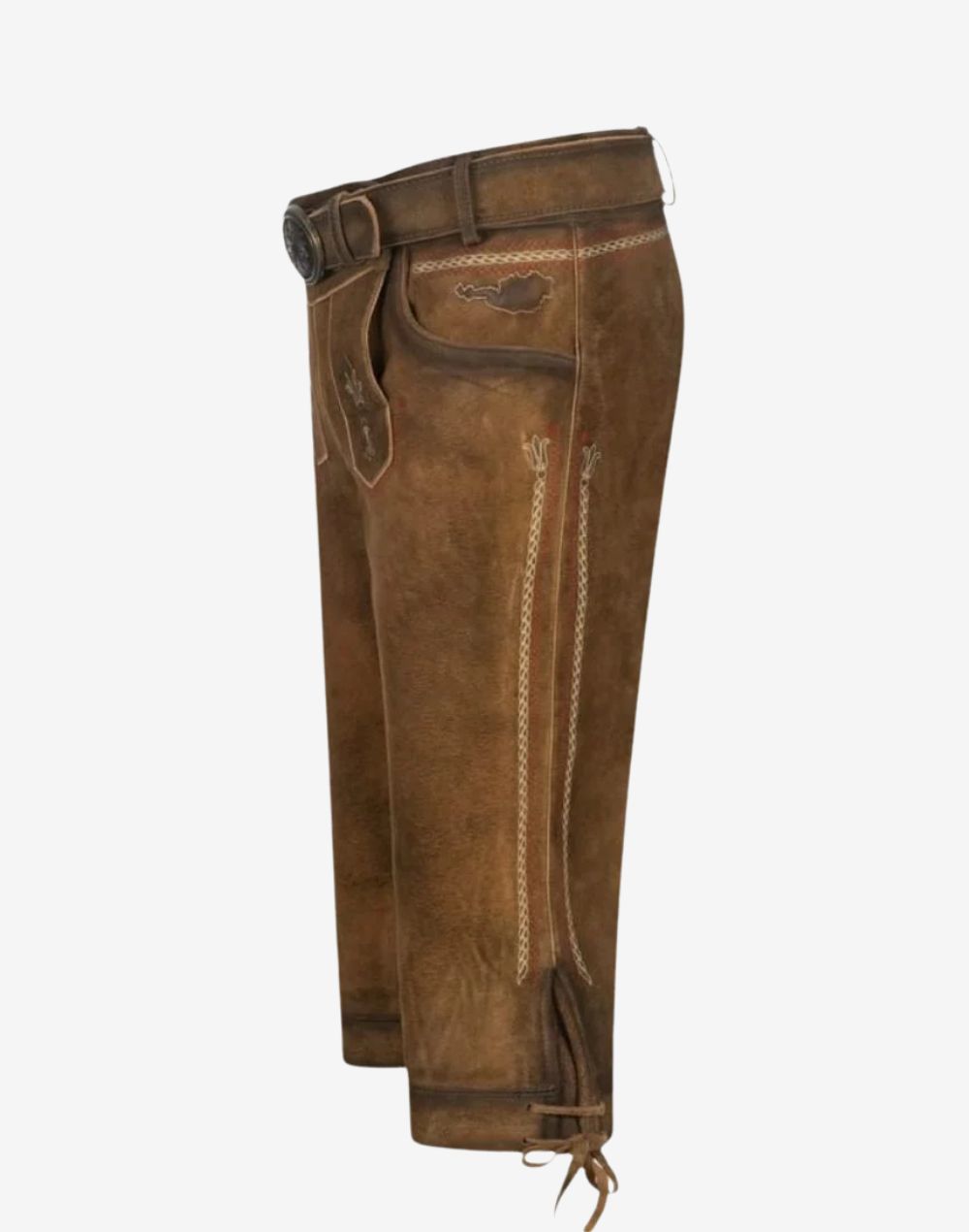 Side profile of alpine style bundhosen featuring vertical embroidery lines and classic Bavarian knee length cut.
