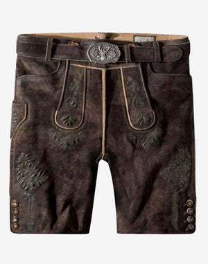 Alpine style lederhosen for men in dark brown suede leather with subtle embroidered patterns, traditional front flap, and metal buckle belt