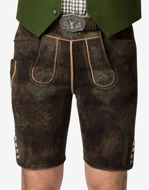 Alpine style lederhosen for men featuring classic Bavarian design and durable leather, ideal for festivals and events.