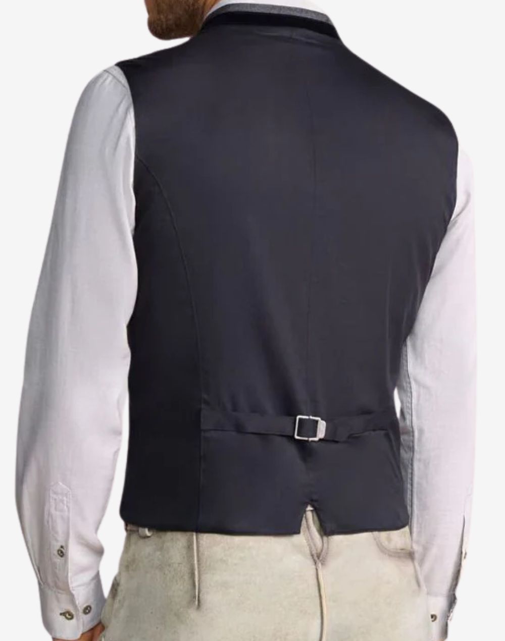 Back view of Alpine style wool vest for men with adjustable strap and tailored Bavarian fit.