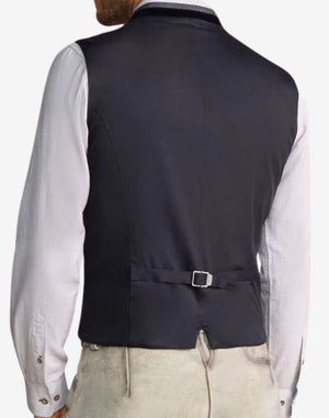Back view of Alpine style wool vest for men with adjustable strap and tailored Bavarian fit.