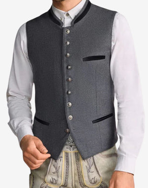Front view of Alpine style wool vest for men featuring traditional Trachten design, button front closure, and classic stand collar.