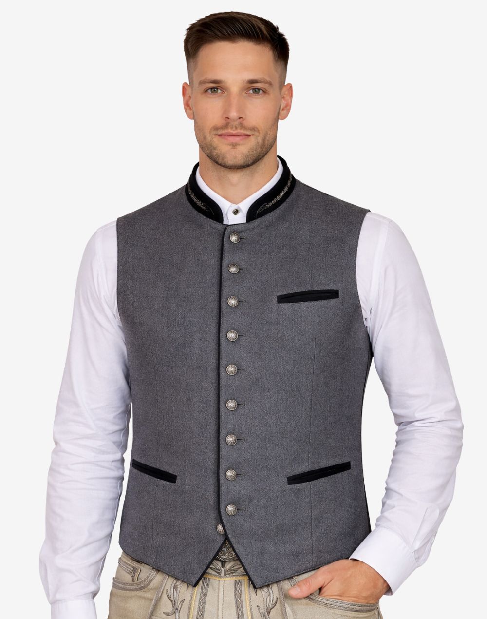 Male model wearing Alpine style wool vest for men paired with traditional Bavarian attire, ideal for Oktoberfest and cultural occasions.